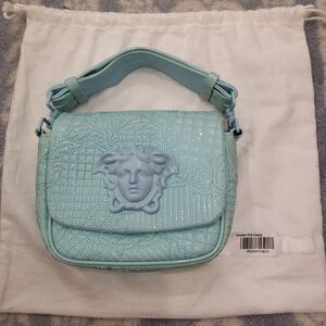 Versace Aqua Blue Patent Leather Vanitas Quilted Embossed Medusa Small Handbag